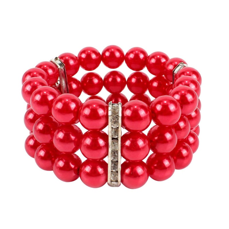 KOSMOS-LI Multi Layer Pearl Strand Necklace Bracelet And Earring Faux Red Pearl Jewelry Set For Women - Image 5
